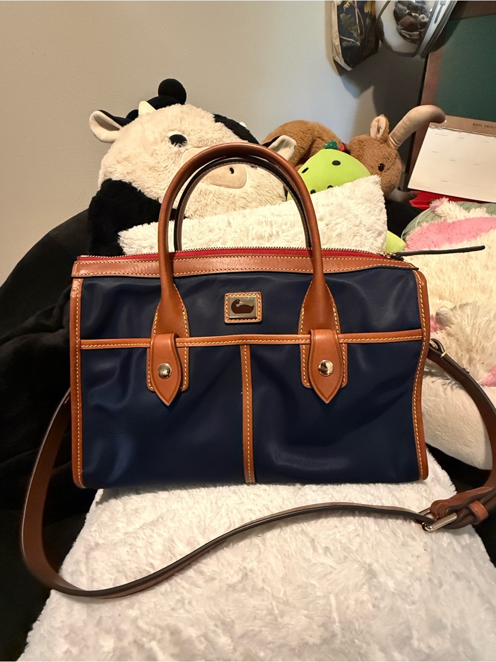 NEW Dooney & Bourke Navy Nylon Satchel with Brown Leather Trim